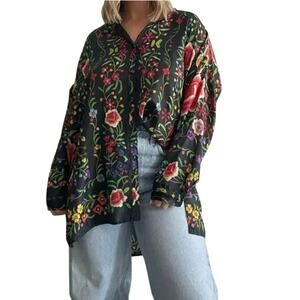 Johnny Was Silk Floral Lightweight Button Up Blouse Emby Top Boho Indie Flowy